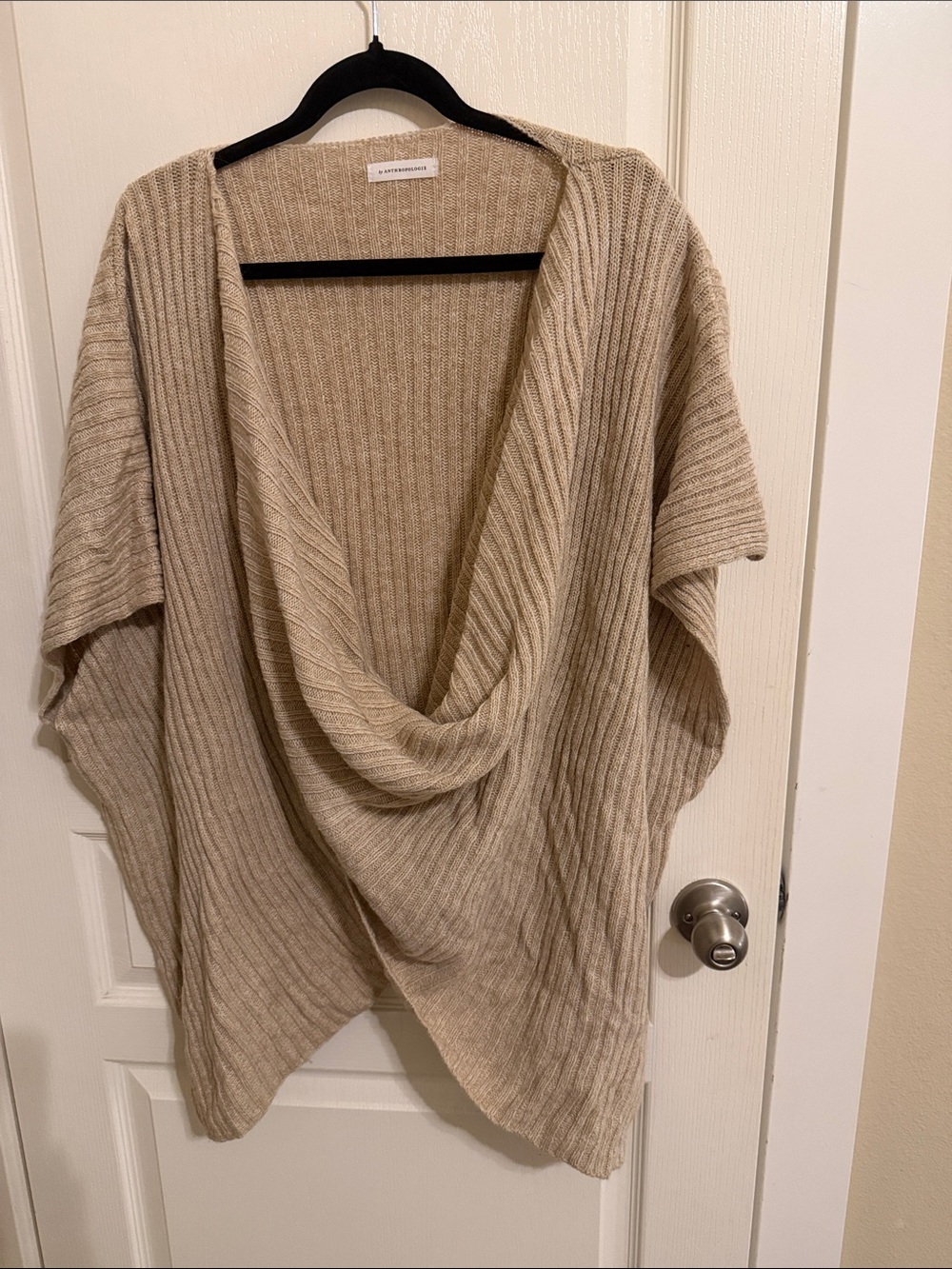 Anthropologie Beige Ribbed Draped Open-Front Poncho Sweater